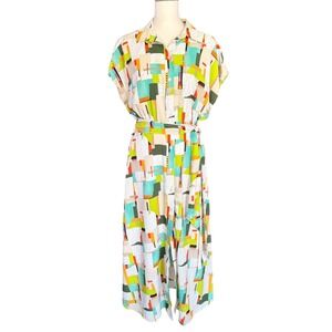 LDT Multi-Color Geometric Abstract Print Button Front Midi Shirt Dress Size 6
